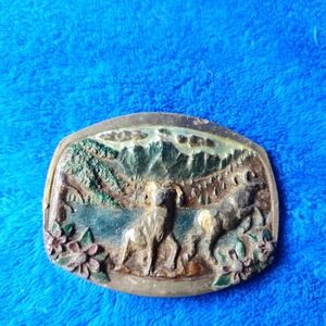 Vintage C&J 1985 Big Horned Rams Sheep Mountain Scene Color Belt Buckle